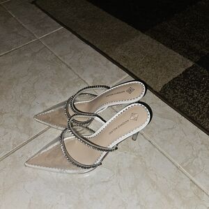 ANTONIO MELANI Silver Rhinestone-Strap Pointed Toe Mules